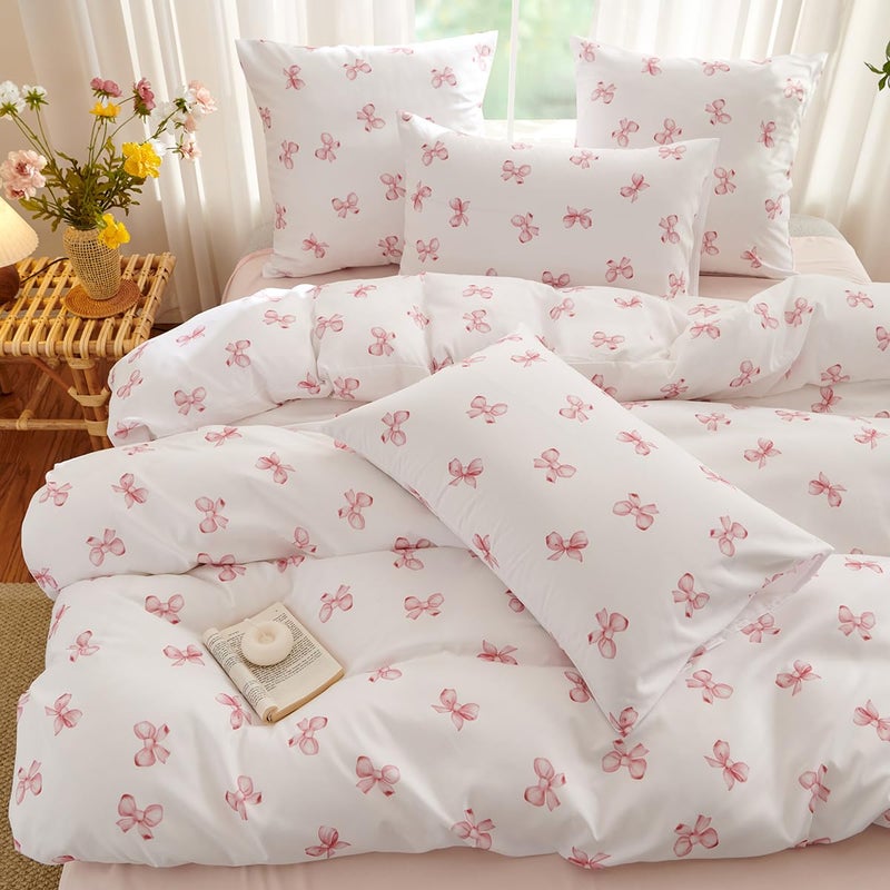 Bildenly White Twin Comforter Set - Pink Bow Quilt Bedding Set 2 Pieces, Comforter Set Twin Size, Soft & Lightweight Comforter(68â€˜â€™ x 90â€˜â€™) for Girl All Season & 1 Pillowcase(30â€˜â€™x20â€˜â€™) - Image 4