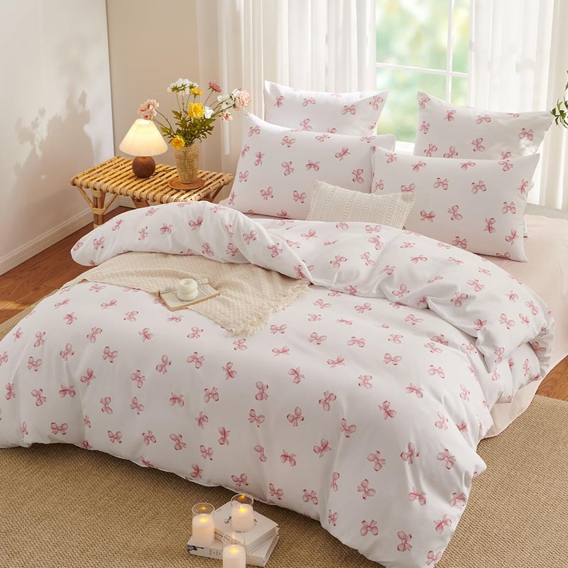 Bildenly White Twin Comforter Set - Pink Bow Quilt Bedding Set 2 Pieces, Comforter Set Twin Size, Soft & Lightweight Comforter(68â€˜â€™ x 90â€˜â€™) for Girl All Season & 1 Pillowcase(30â€˜â€™x20â€˜â€™) - Image 3