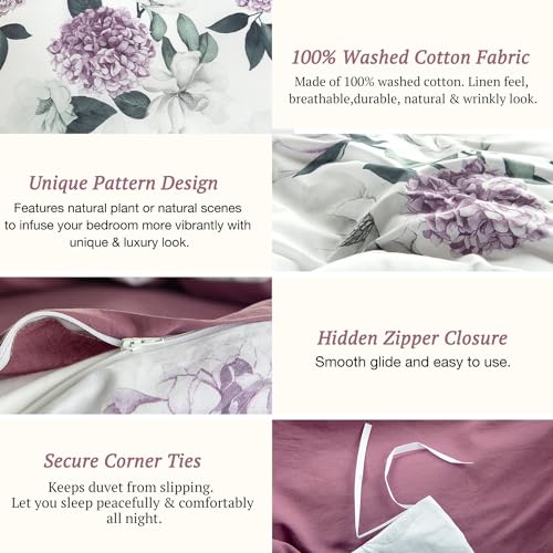 MILDLY 100% Washed Cotton Duvet Cover - Hydrangea Floral Comforter Cover Set Botanical Flower Pattern Bedding Set with Zipper Closure 4 Ties Full Size - Image 4