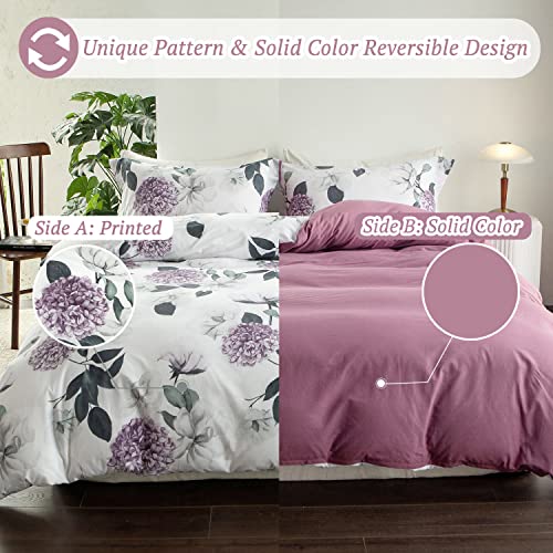 MILDLY 100% Washed Cotton Duvet Cover - Hydrangea Floral Comforter Cover Set Botanical Flower Pattern Bedding Set with Zipper Closure 4 Ties Full Size - Image 3