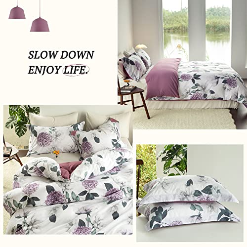MILDLY 100% Washed Cotton Duvet Cover - Hydrangea Floral Comforter Cover Set Botanical Flower Pattern Bedding Set with Zipper Closure 4 Ties Full Size - Image 5