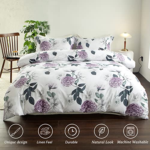 MILDLY 100% Washed Cotton Duvet Cover - Hydrangea Floral Comforter Cover Set Botanical Flower Pattern Bedding Set with Zipper Closure 4 Ties Full Size - Image 2