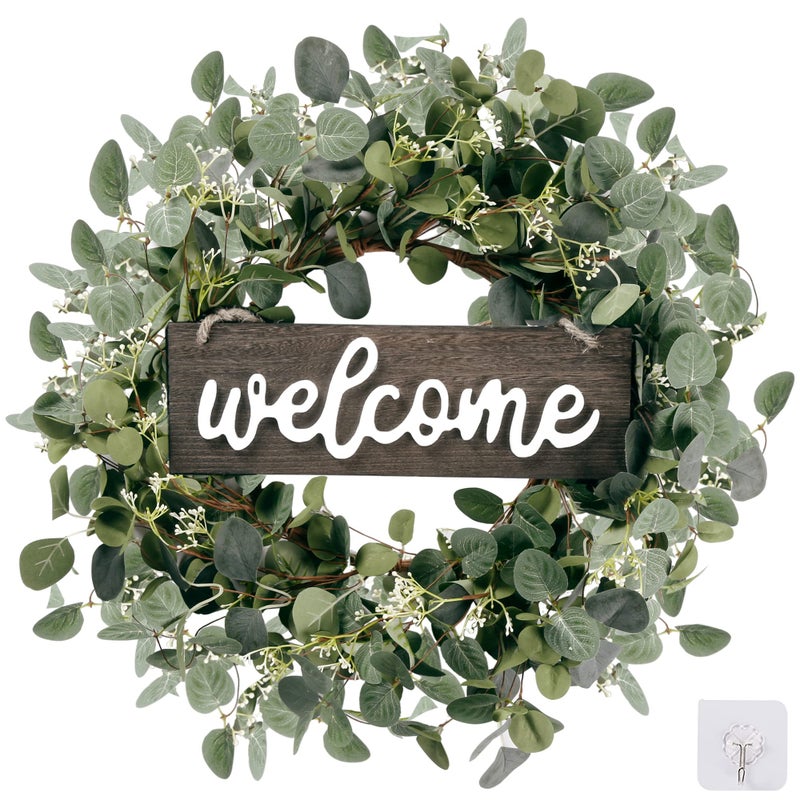 Sggvecsy Green Eucalyptus Leaf Wreath with Welcome Sign 20in Artificial Eucalyptus Wreath Spring Summer Wreath for Front Door Wall Window Farmhouse Festival Porch Patio Garden Decor - Image 1