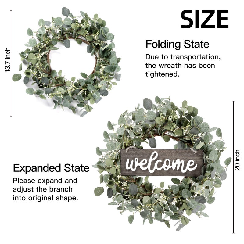 Sggvecsy Green Eucalyptus Leaf Wreath with Welcome Sign 20in Artificial Eucalyptus Wreath Spring Summer Wreath for Front Door Wall Window Farmhouse Festival Porch Patio Garden Decor - Image 5