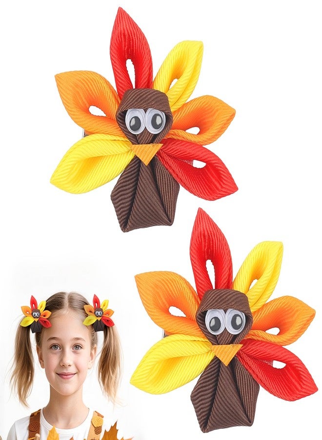Doneace Thanksgiving Turkey Bow Hair Clip for Girls, Cute Turkey Hair Clips Handmade Polyester Autumn Alligator Clips Thanksgiving Hair Barrettes Festive Party Hair Accessories 2Pcs - Image 1