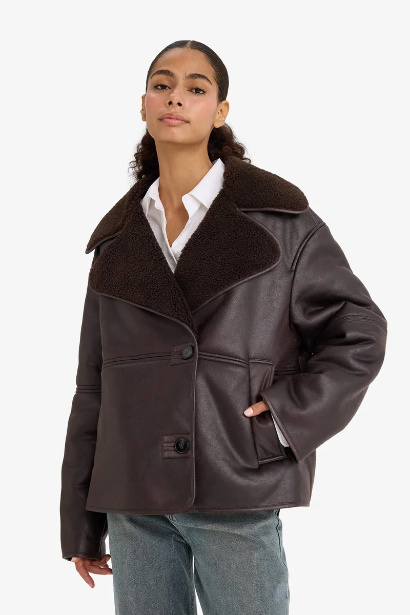 Defacto  Regular Fit Faux Fur Lined Faux Leather Jacket for Men | Best Price UAE