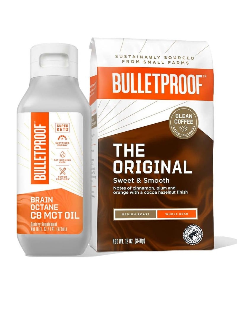 Bulletproof - Original 12oz Whole Bean Coffee & 16oz Brain Octane MCT Oil Bundle kit - Perfect for Keto & Paleo Diet, 100% Non-GMO Gourmet Organic Beans, Responsibly Sourced Premium C8 Oil (Whole Bean) - Image 1