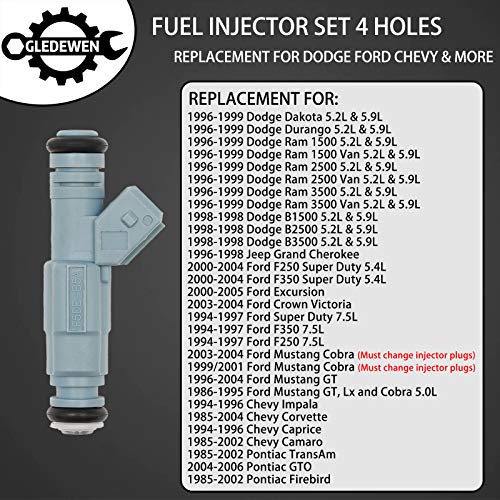 Gledewen Fuel Injector 24LB 4 Holes 8Pcs | Replacement for 5.2 5.9 Dodge Dakota Durango Ram Chevy Camaro Ford F250 F350 Excursion Mustang Pontiac GTO & more | Replace# 0280155715, 0280150947, 0280150965 - Image 3