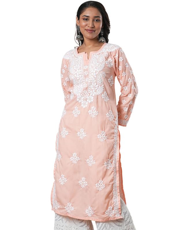Ada Women Cotton Regular Fit Hand Embroidered Lucknowi Kurta Kurti Tunic A411694 Peach (XS) - Image 1