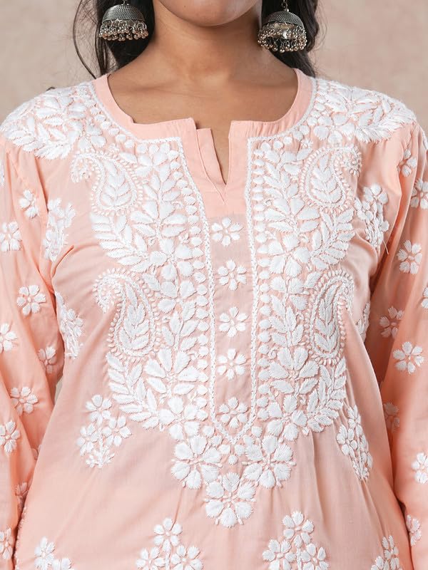 Ada Women Cotton Regular Fit Hand Embroidered Lucknowi Kurta Kurti Tunic A411694 Peach (XS) - Image 5