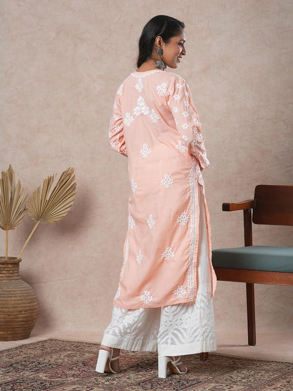Ada Women Cotton Regular Fit Hand Embroidered Lucknowi Kurta Kurti Tunic A411694 Peach (XS) - Image 2