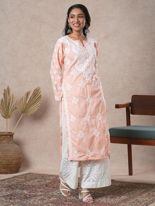 Ada Women Cotton Regular Fit Hand Embroidered Lucknowi Kurta Kurti Tunic A411694 Peach (XS) - Image 4