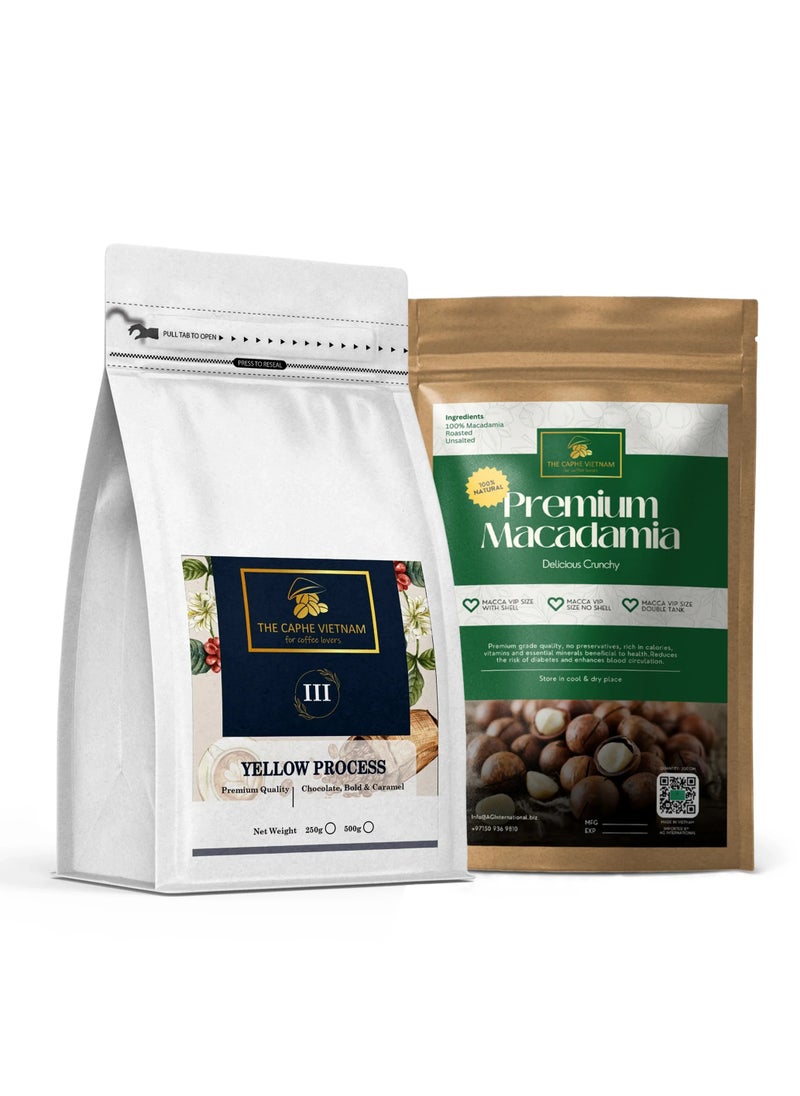 The Caphe Vietnam Combo Gift Set - Premium Quality Yellow Process Whole Bean 250g + Premium Macadamia Vip Size No Shell 500 g 