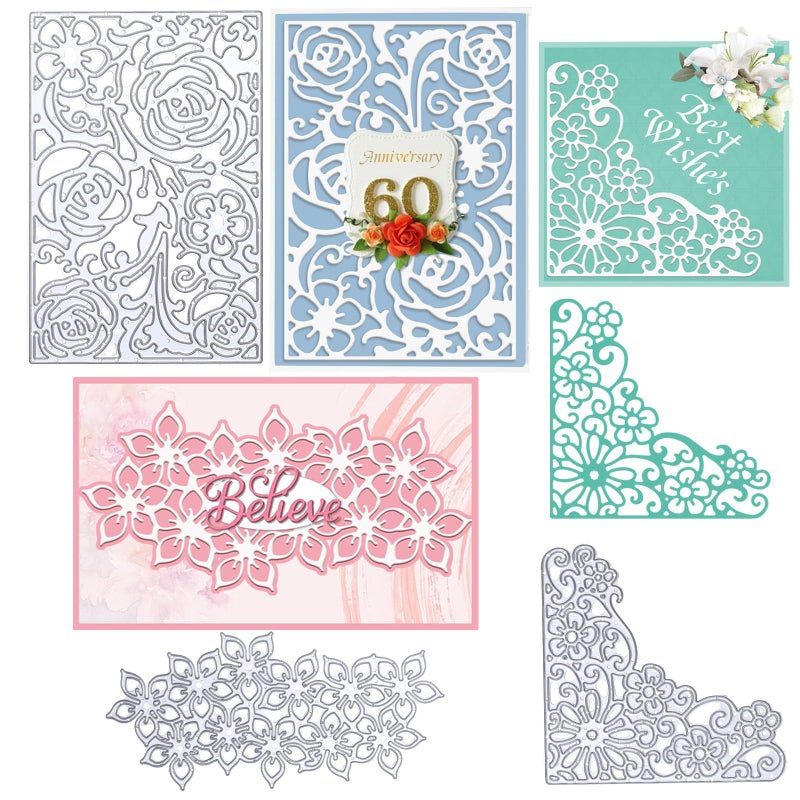 ORIGACH 3 Pcs Flower Metal Cutting Dies Including Flower Strip Rose Frame and Floral Corner Die Cuts Embossing Stencils Template for DIY Scrapbooking Decorative Paper Card Making