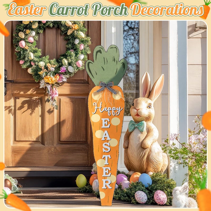 Vercraft 35 Inch Easter Carrot Porch Decor Sign Easter Outdoor Wooden Carrot Standing Porch Sign Vertical Farmhouse Decoration with Ribbon for Front Door Indoor Outdoor Yard Garden Decor - Image 2