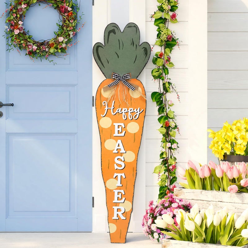 Vercraft 35 Inch Easter Carrot Porch Decor Sign Easter Outdoor Wooden Carrot Standing Porch Sign Vertical Farmhouse Decoration with Ribbon for Front Door Indoor Outdoor Yard Garden Decor - Image 4