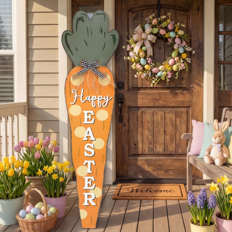 Vercraft 35 Inch Easter Carrot Porch Decor Sign Easter Outdoor Wooden Carrot Standing Porch Sign Vertical Farmhouse Decoration with Ribbon for Front Door Indoor Outdoor Yard Garden Decor - Image 1