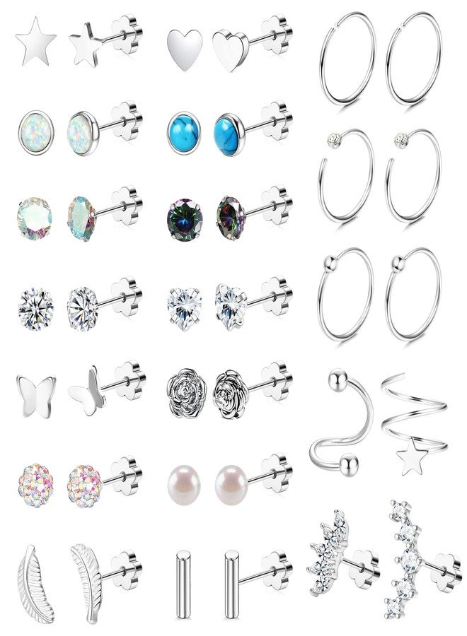 Staligue 21 Pairs Surgical Steel Earrings Set for Women Men Hypoallergenic 20G Flat Back Stud Earrings Small Cz Heart Star Moon Stainless Steel Stud Hoops Earrings Cartilage Sleeper Earrings for Women Girls - Image 1