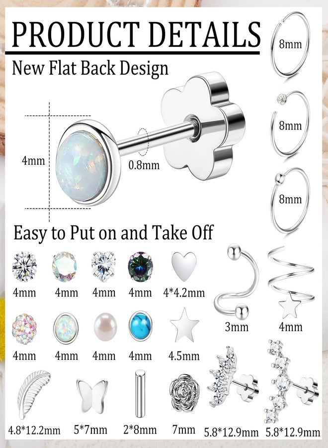 Staligue 21 Pairs Surgical Steel Earrings Set for Women Men Hypoallergenic 20G Flat Back Stud Earrings Small Cz Heart Star Moon Stainless Steel Stud Hoops Earrings Cartilage Sleeper Earrings for Women Girls - Image 2