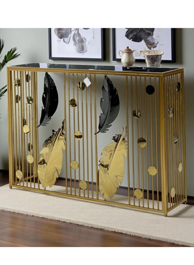 غرائب التحف  طاولة مدخل بتصميم فاخر بلمسة فنية من الريش – إطار معدني ذهبي وسطح شبيه الرخام - Image 2