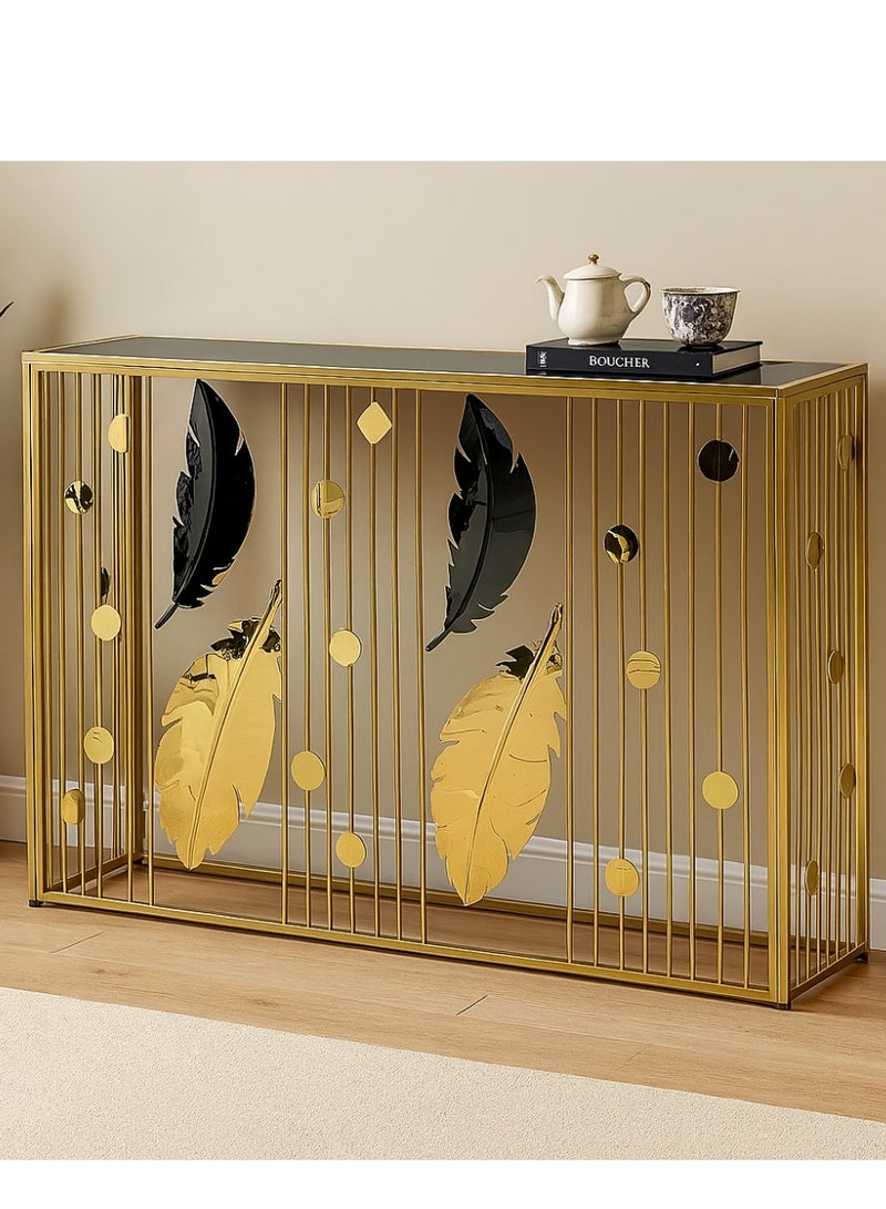 غرائب التحف  طاولة مدخل بتصميم فاخر بلمسة فنية من الريش – إطار معدني ذهبي وسطح شبيه الرخام - Image 1