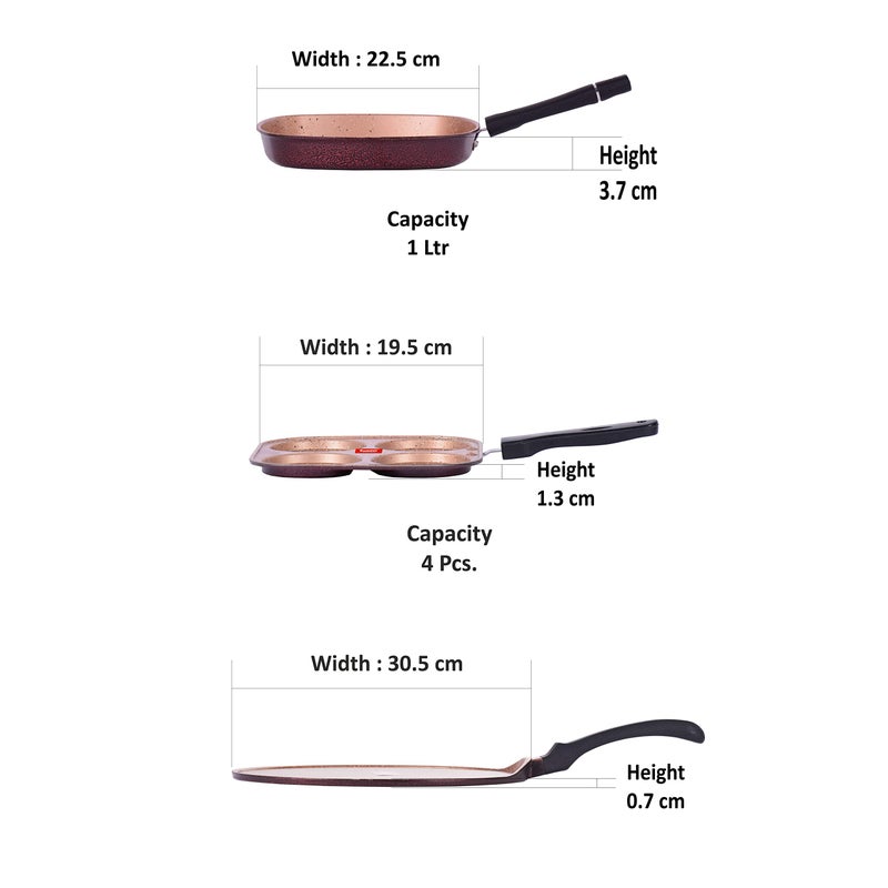 Sumeet طقم أواني الطهي غير اللاصقة بتشطيب الجرانيت دوروثي من سومييت (مقلاة مشوية 22 سم قطر + صانع وجبات خفيفة متعددة صغيرة - 4 تجاويف - 19.5 سم قطر + طاوة 30.5 سم قطر) - Image 4