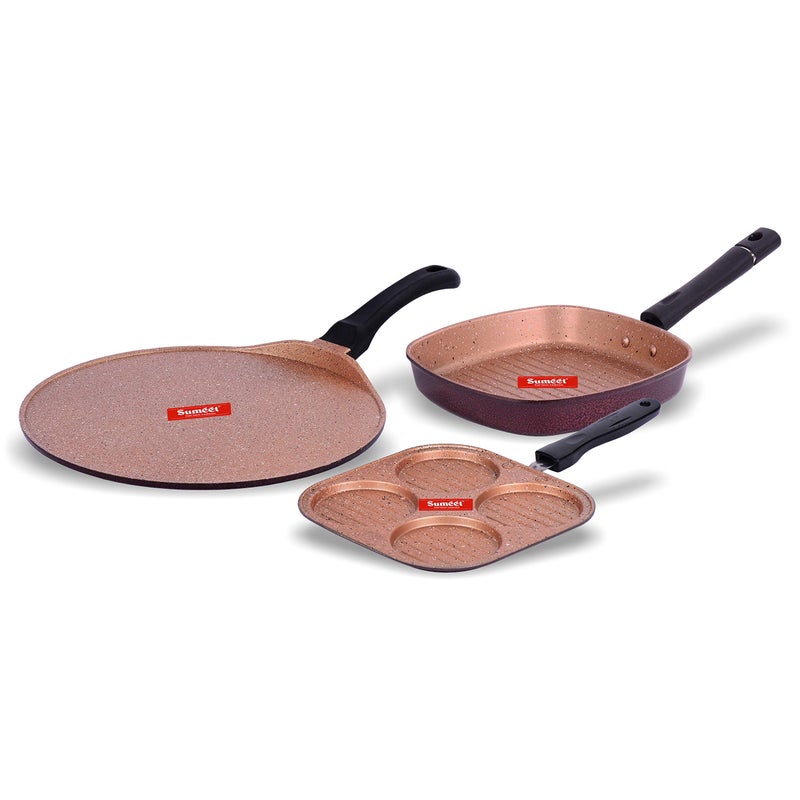Sumeet طقم أواني الطهي غير اللاصقة بتشطيب الجرانيت دوروثي من سومييت (مقلاة مشوية 22 سم قطر + صانع وجبات خفيفة متعددة صغيرة - 4 تجاويف - 19.5 سم قطر + طاوة 30.5 سم قطر) - Image 1