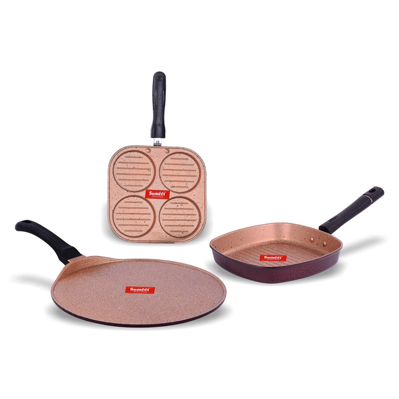 Sumeet طقم أواني الطهي غير اللاصقة بتشطيب الجرانيت دوروثي من سومييت (مقلاة مشوية 22 سم قطر + صانع وجبات خفيفة متعددة صغيرة - 4 تجاويف - 19.5 سم قطر + طاوة 30.5 سم قطر) - Image 5