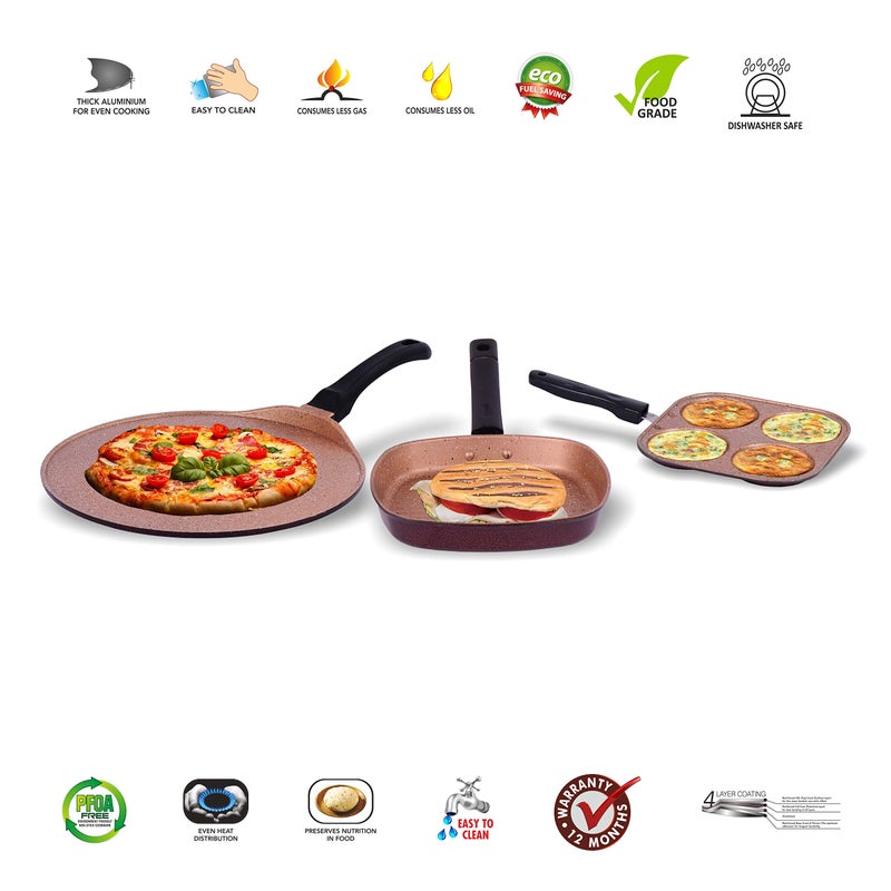 Sumeet طقم أواني الطهي غير اللاصقة بتشطيب الجرانيت دوروثي من سومييت (مقلاة مشوية 22 سم قطر + صانع وجبات خفيفة متعددة صغيرة - 4 تجاويف - 19.5 سم قطر + طاوة 30.5 سم قطر) - Image 2