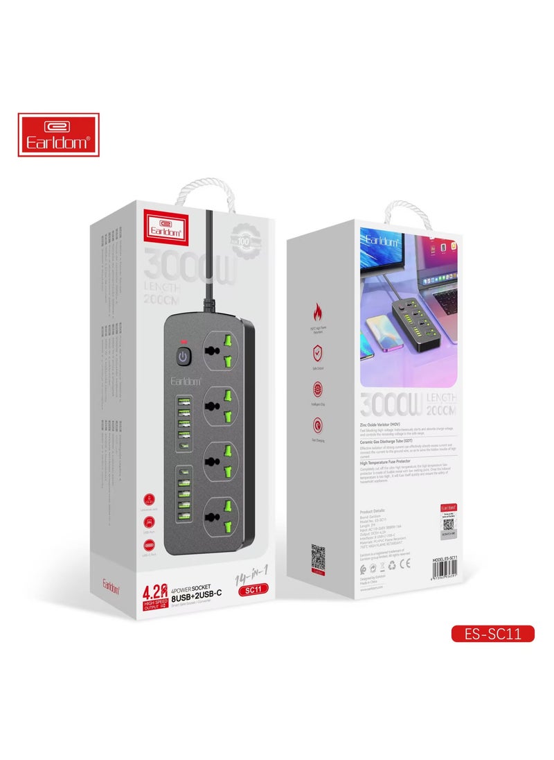Earldom EU Plug 3000W Extension Socket with Surge Protection, Power Strip with Quick Charge USB Ports, Tablet & Phone Adapter – Heavy Duty, Safe, Efficient Power Supply for Home & Office Use  - Image 1