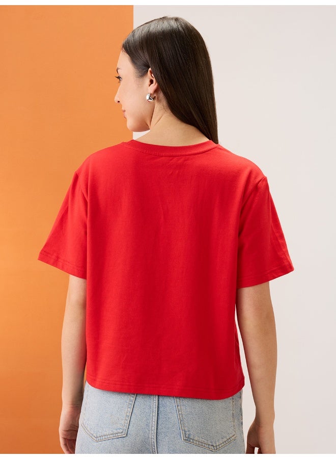 globus Globus Women Red Typography Print Round Neck Short Sleeves Boxy Fit T-Shirt - Image 3