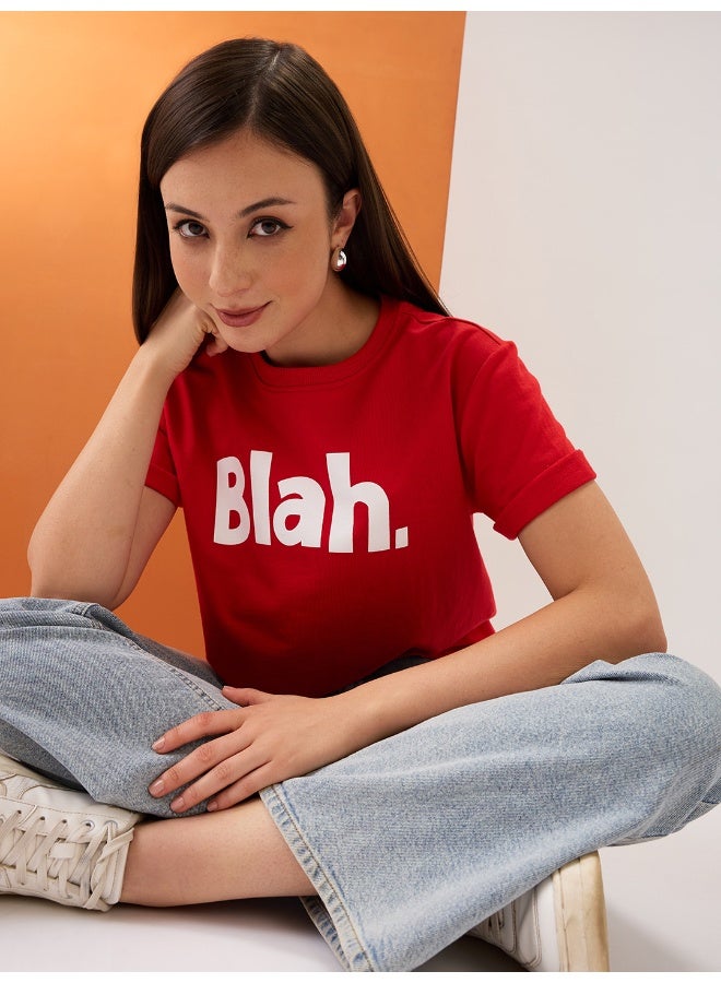 globus Globus Women Red Typography Print Round Neck Short Sleeves Boxy Fit T-Shirt - Image 5