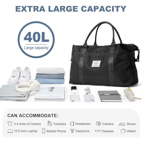 HYC00 Travel Duffel Bag,Weekender Overnight Bag for Women,Carry-on Bag with Wet Pocket,Gym Bag,Extra Large,Black - Image 2