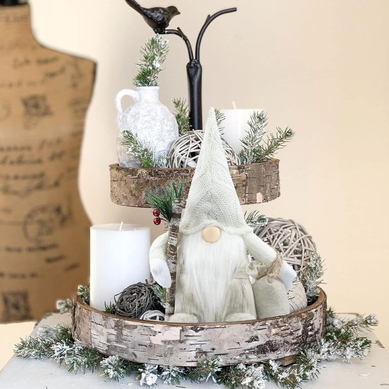 Gehydy Christmas Gnomes Decorations Handmade Scandinavian Tomte Santa with Branch and Bag Xmas Decor for Home Kitchen Farmhouse Tiered Tray - White - Image 4