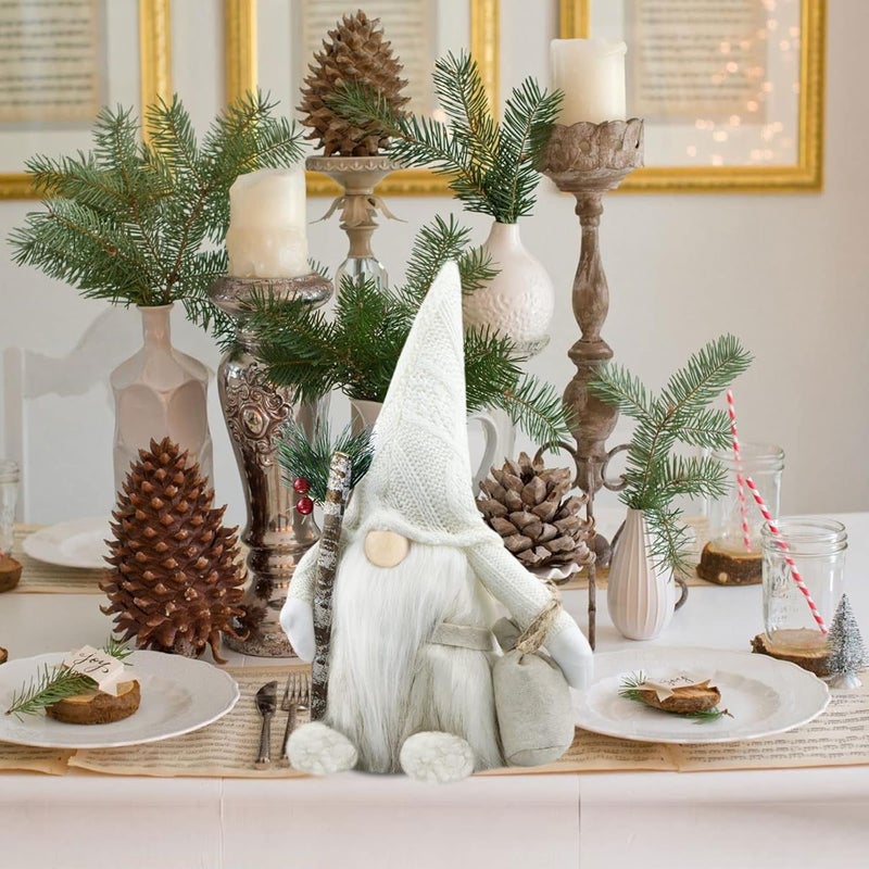 Gehydy Christmas Gnomes Decorations Handmade Scandinavian Tomte Santa with Branch and Bag Xmas Decor for Home Kitchen Farmhouse Tiered Tray - White - Image 3