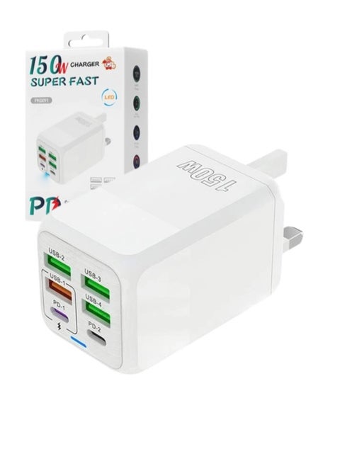 150W UK 6 Ports Multifunctional Super Fast Charging Adapter Mobile Phone Charger Travel Power Adapter White