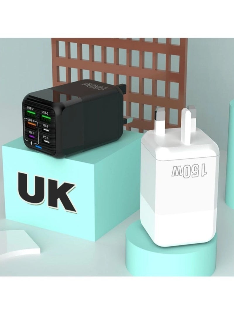 150W UK 6 Ports Multifunctional Super Fast Charging Adapter Mobile Phone Charger Travel Power Adapter White