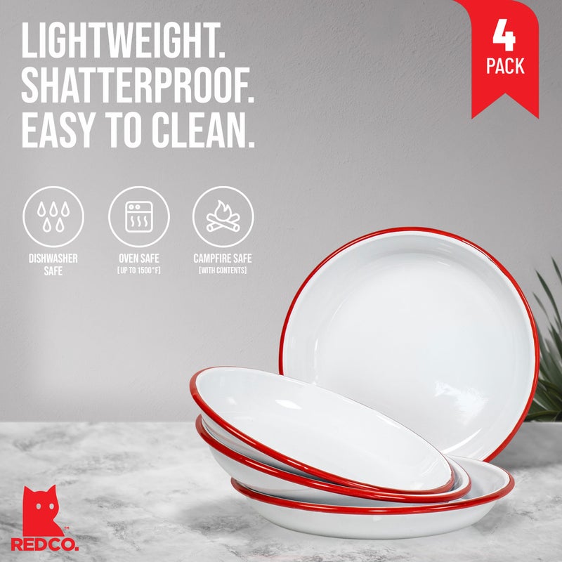 Red Co. Set of 4 Enamelware Metal 10â€ Round Camping Plates, Solid White/Red Rim - Image 2