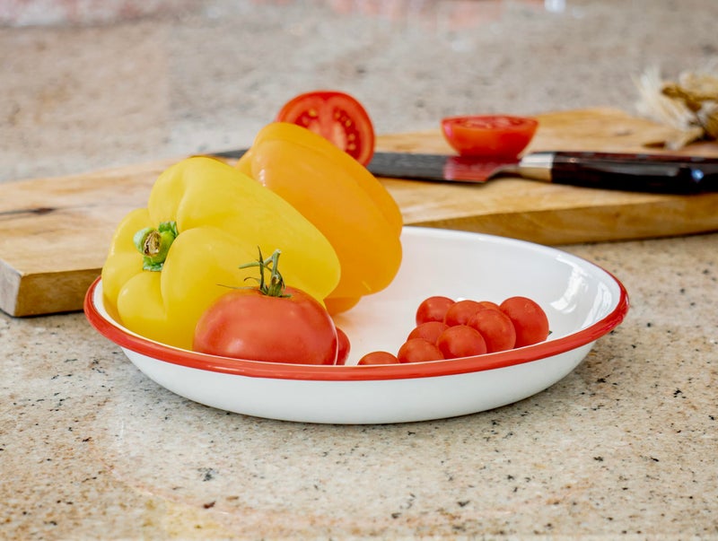 Red Co. Set of 4 Enamelware Metal 10â€ Round Camping Plates, Solid White/Red Rim - Image 4