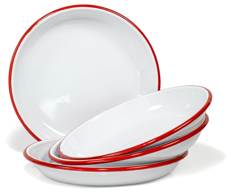 Red Co. Set of 4 Enamelware Metal 10â€ Round Camping Plates, Solid White/Red Rim - Image 1