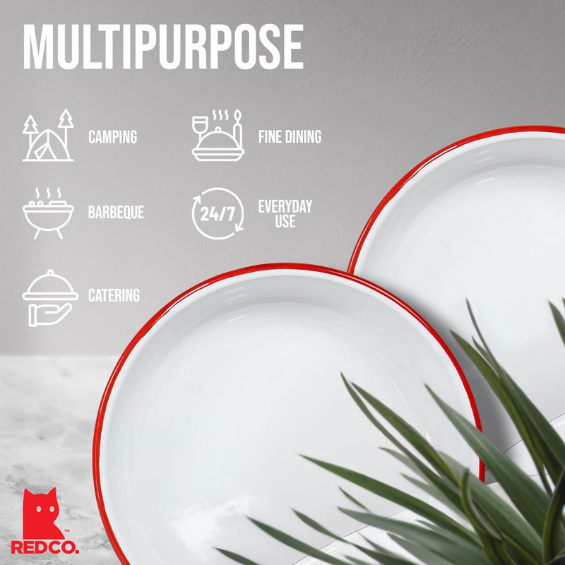 Red Co. Set of 4 Enamelware Metal 10â€ Round Camping Plates, Solid White/Red Rim - Image 5