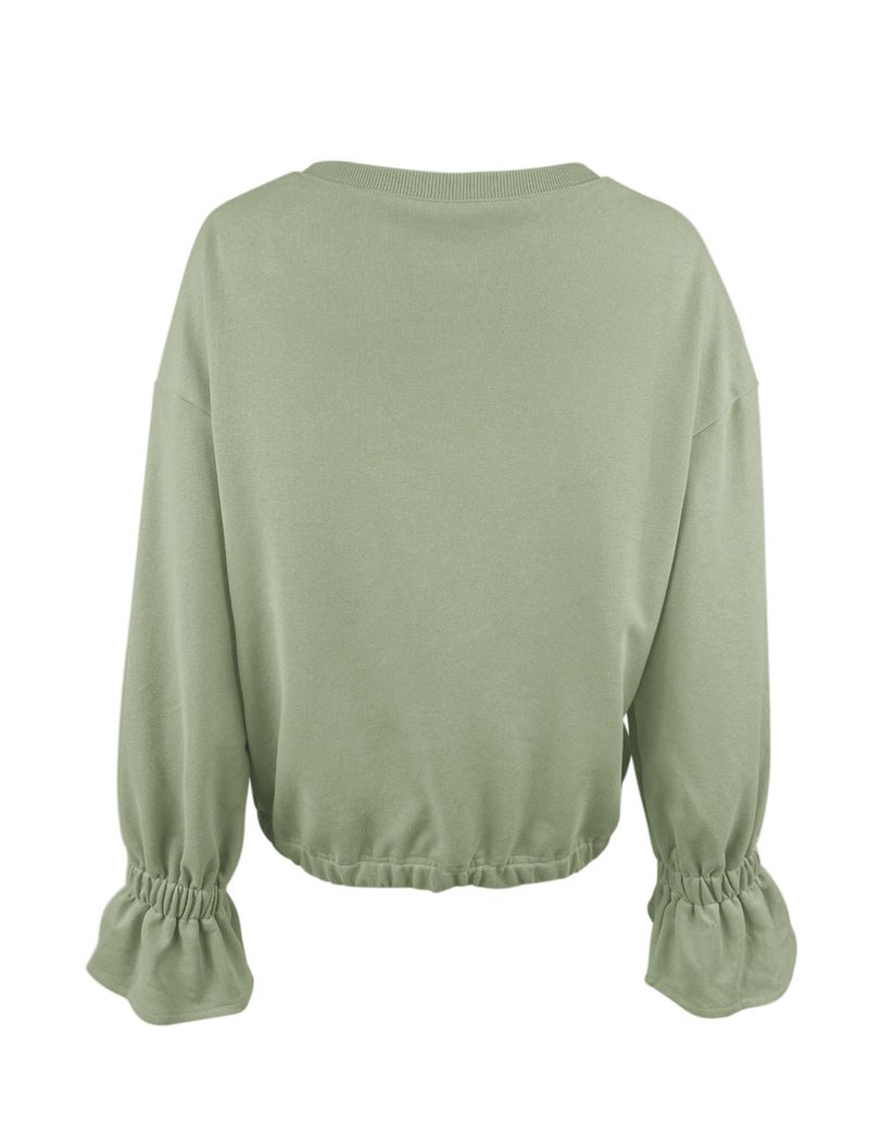 PRETTODAY Women's Casual Crew Neck Sweatshirt Long Sleeve Ruched Solid Loose Fitting Pullover Tops Green - Image 3
