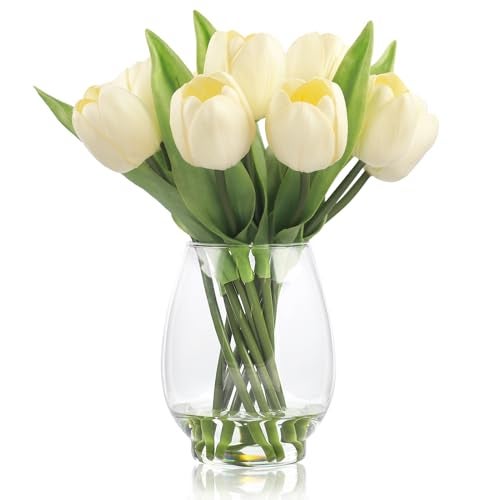 WELL KNOWN 12 Pcs Tulips Artificial Flowers in Vase Real Touch Tulips with Vase with Upgrate Acrylic Water Flower Arrangements Centerpiece for Dining Room Table DecorationCream - Image 1