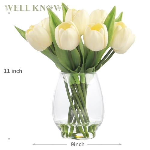 WELL KNOWN 12 Pcs Tulips Artificial Flowers in Vase Real Touch Tulips with Vase with Upgrate Acrylic Water Flower Arrangements Centerpiece for Dining Room Table DecorationCream - Image 3