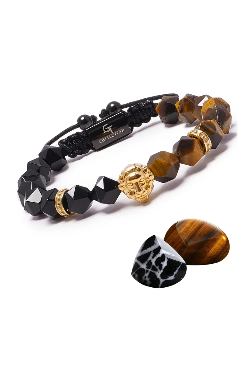 لونورا خرز عين النمر والعقيق الأسود سوار خرز من الحجر الطبيعي مصنوع يدويًا – سوار للرجال، سوار رجالي، هدية للرجال، أساور للرجال – مع رأس أسد ذهبي، قابل للتعديل بمقاس واحد للجميع