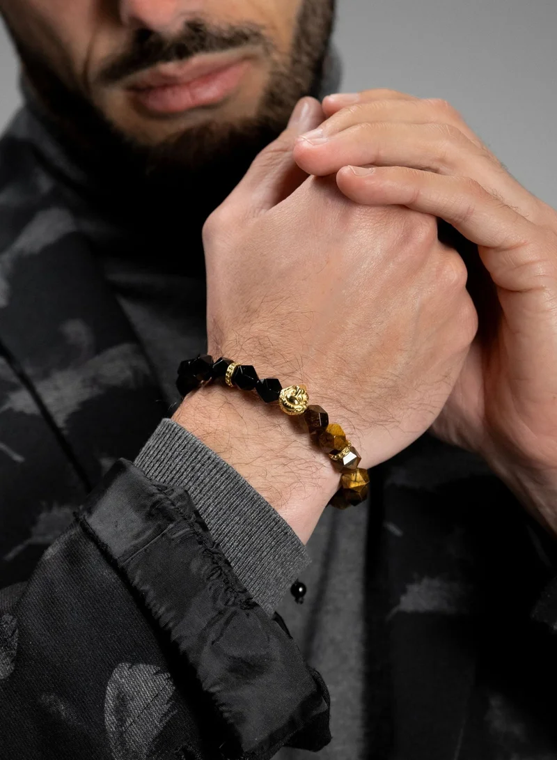 لونورا خرز عين النمر والعقيق الأسود سوار خرز من الحجر الطبيعي مصنوع يدويًا – سوار للرجال، سوار رجالي، هدية للرجال، أساور للرجال – مع رأس أسد ذهبي، قابل للتعديل بمقاس واحد للجميع