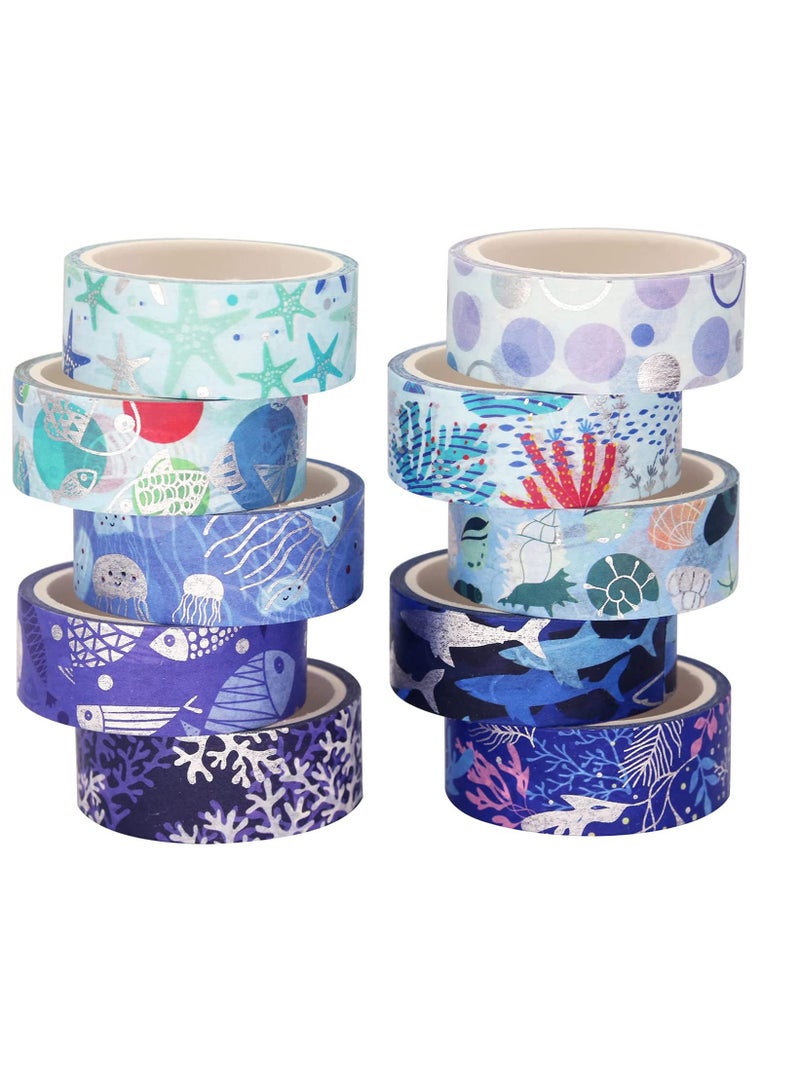 Ocean Blue Washi Tape Set 10 Rolls Silver Foil Print Decorative Masking Tapes for Arts, DIY Crafts, Bullet Journals, Planners, Scrapbook, Wrapping (Navy Silver) - Image 1