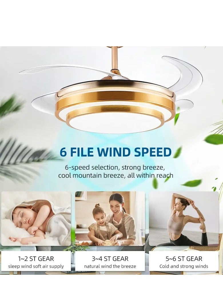 MODI - Modern 42 Inch Remote Control Retractable Blade Invisible Speaker Ceiling Fan With Light and Remote Control IN GOLD - Image 1