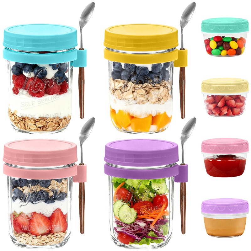 Heyglee Overnight Oats Containers with Lids, 4-pack Overnight Oats Jars with Spoons and Small Containers, 16oz Glass Mason Jar with Airtight Lid, Chia Pudding Jars Yogurt Containers with Lids, Gifts for Women - Image 1