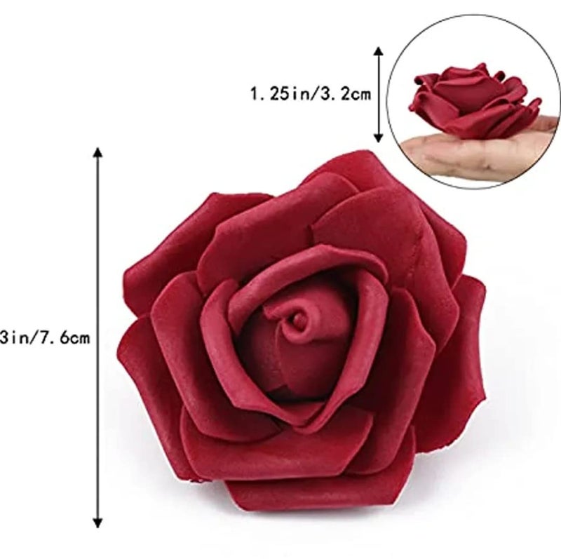 VRB Dec 24 قطعة من الزهور الصناعية الوردية للتزيين، زهرة صناعية، زهرة لتصفيف الشعر، زهرة للعبادة، لتزيين المنزل، ديوالي. (24 قطعة - وردة كبيرة داكنة حمراء من الفوم) - Image 2